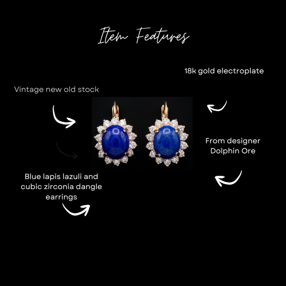 Vintage Lapis Lazuli & Swarovski Crystal Leverback Drop Earrings 18K HGE - Picture 5 of 5